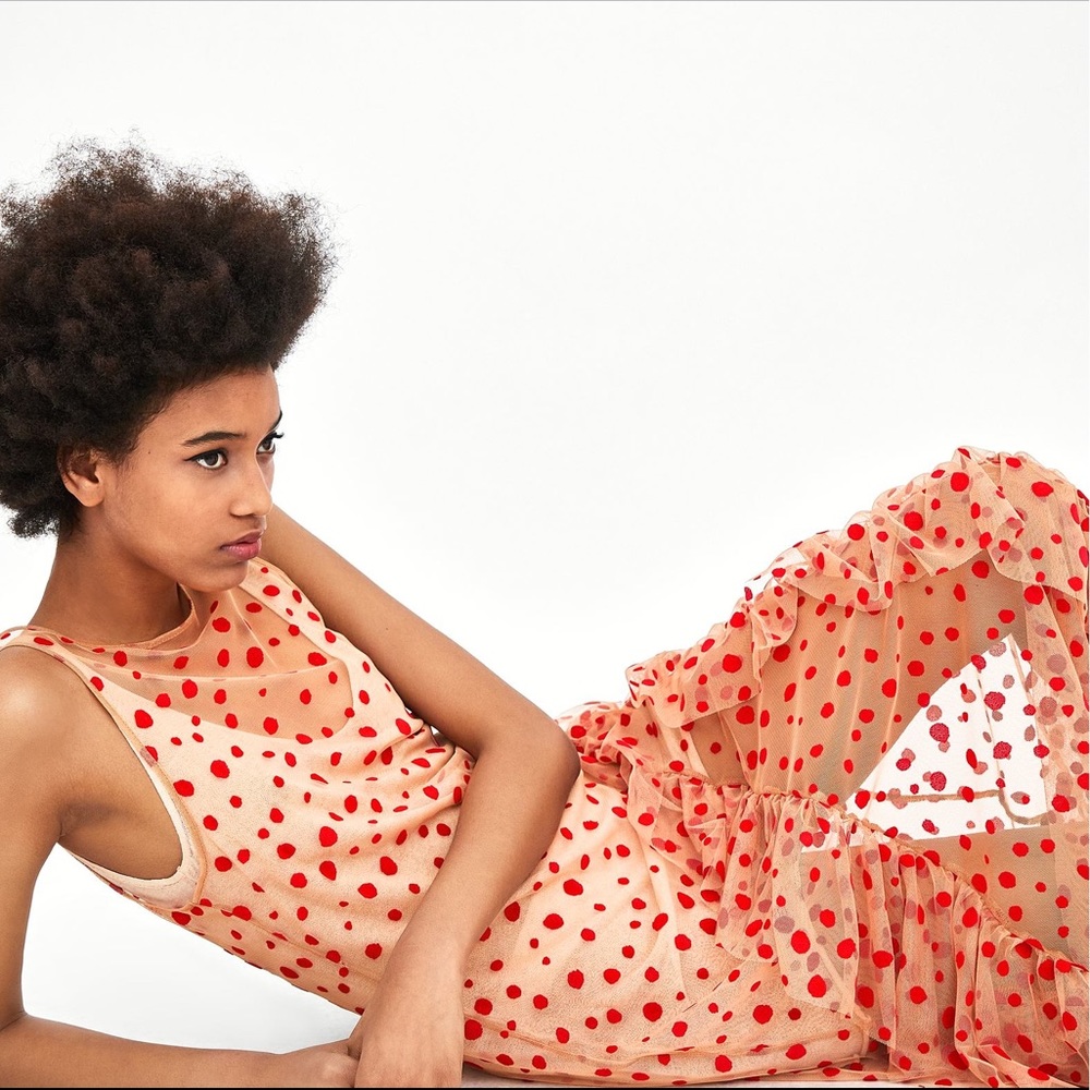 Zara Red Semi Sheer Polka Dot Dress